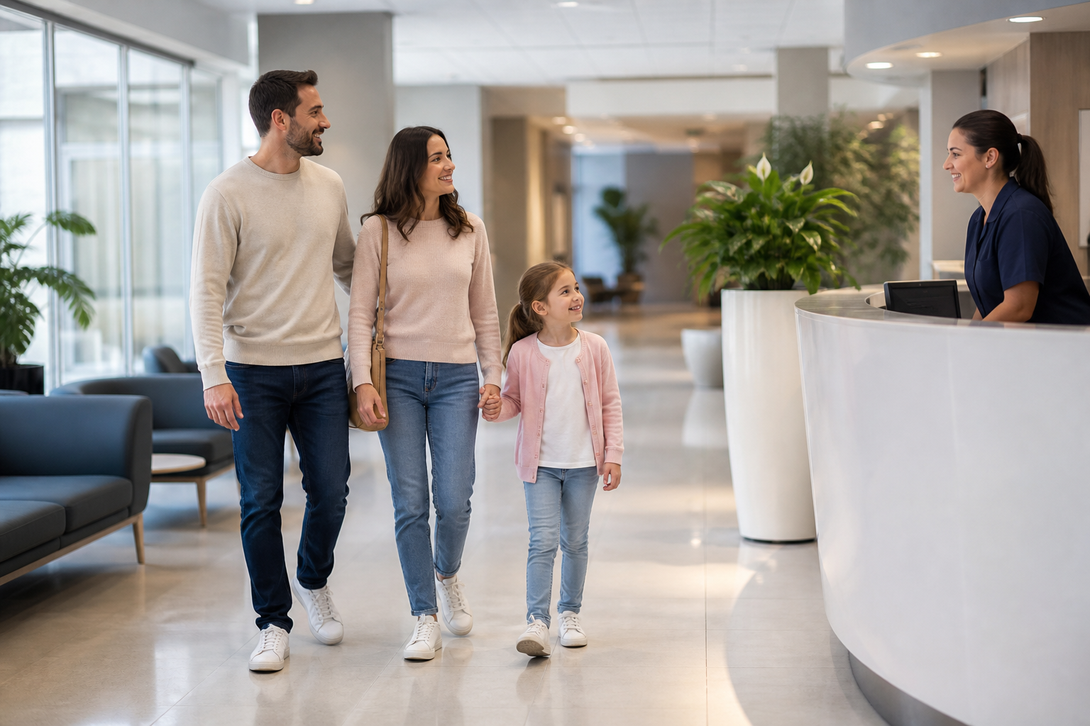 Family in a hospital lobby